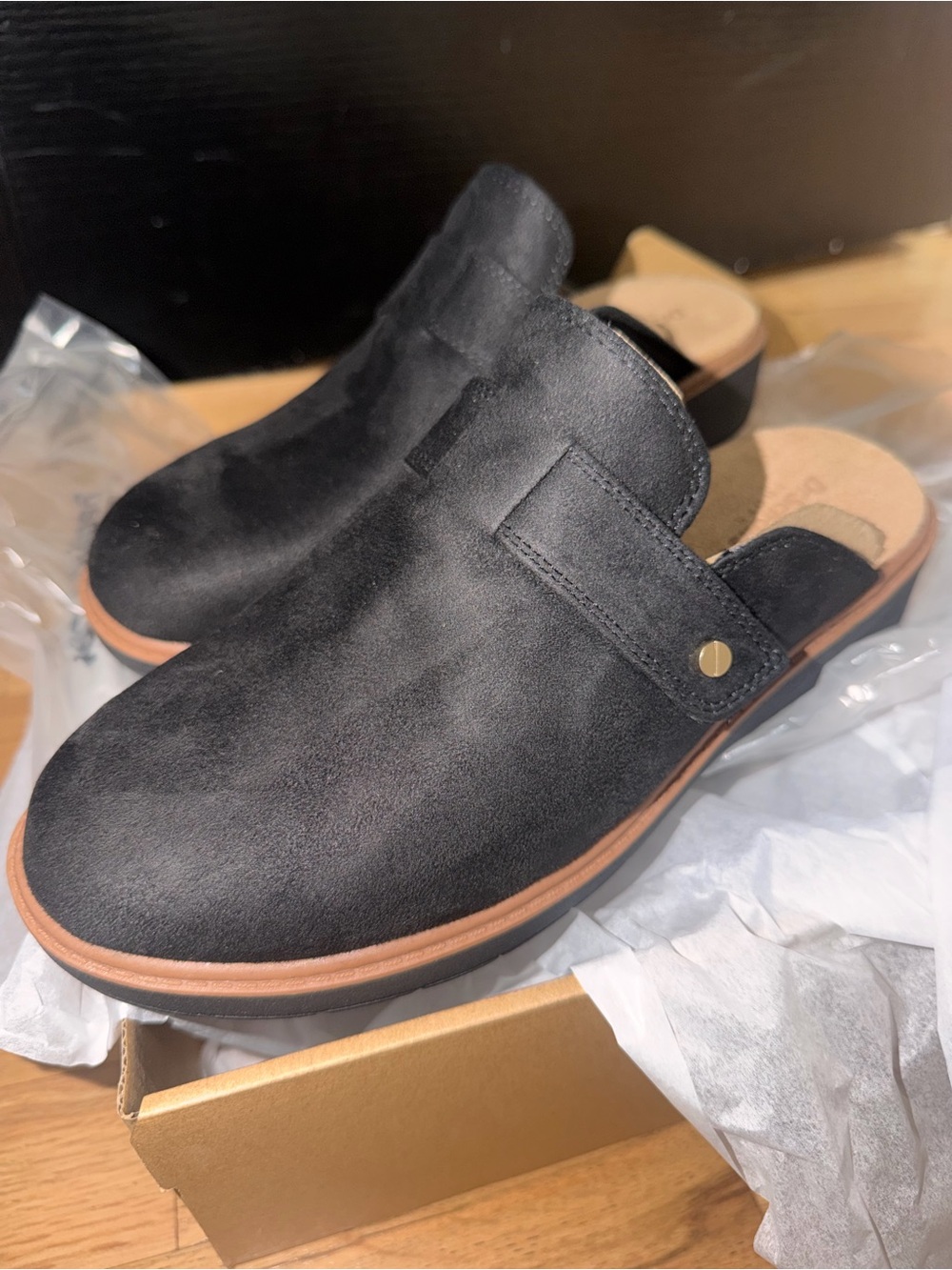 Dr. Scholl's Black Suede Slip-On Mule Clogs with Tan Accent